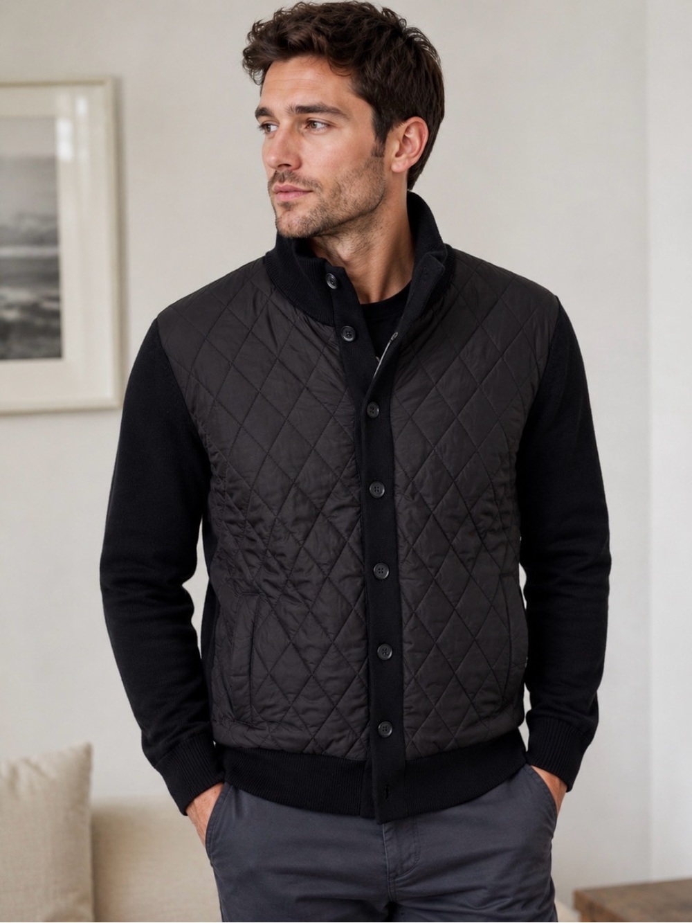 Men's Black Quilted Knit Sweater Button-Up Sz S